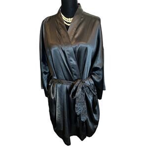 Victoria's Secret Kimono Robe Satin Jacquard Floral Tassel Black Y2K